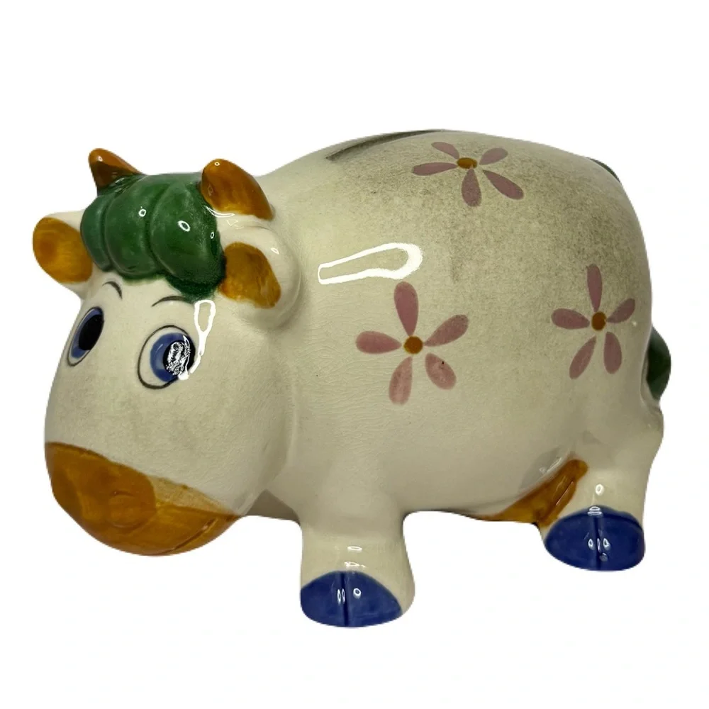 Vintage Cow Bull Piggy Coin Bank w Stopper & Original Sticker, Dabs Japan